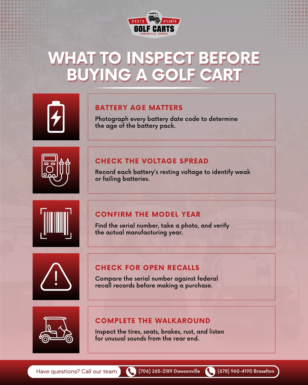 Used golf cart pre-purchase inspection checklist